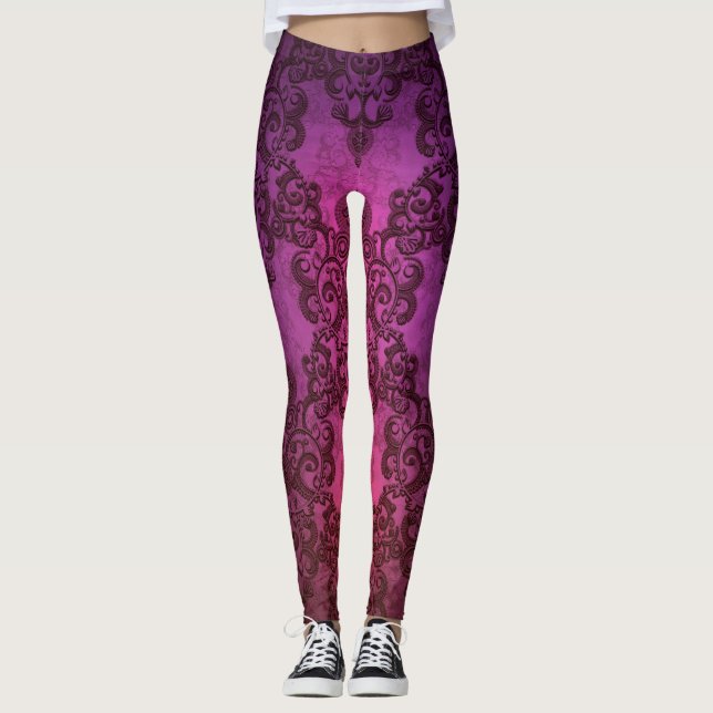 Leggings Piernas estilo boho morado de Damasco rosa (Anverso)