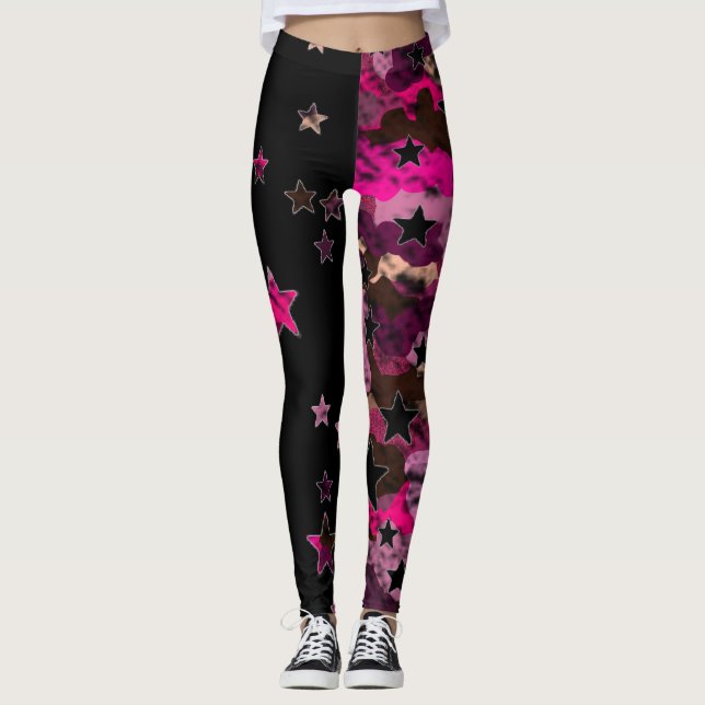 Leggings Piernas Estrella De Camo Negro Y Rosa (Anverso)