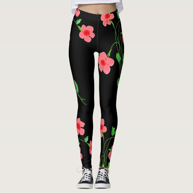 Leggings Piernas negras con flores rosadas (Anverso)