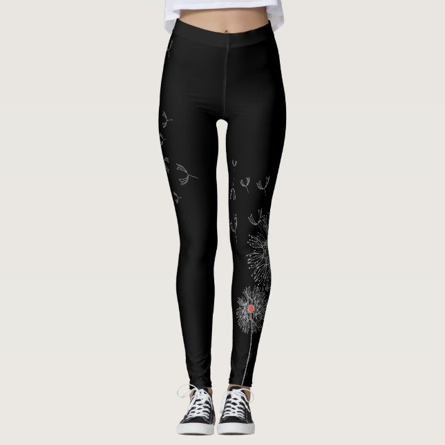 Leggings Piernas negras con papel de Dandelion en una piern (Anverso)