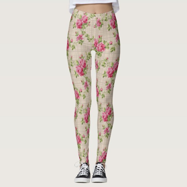 Leggings Piernas pintadas a mano con rosas rosas rosas (Anverso)