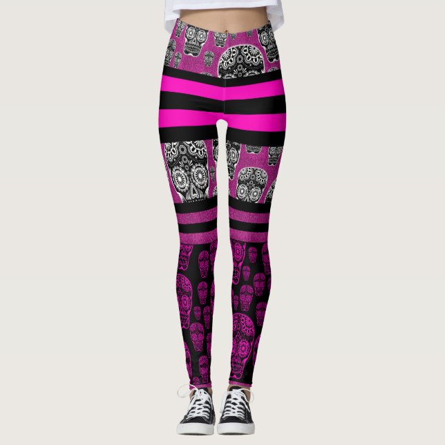 Leggings Piernas rayadas de cráneo de azúcar rosa (Anverso)