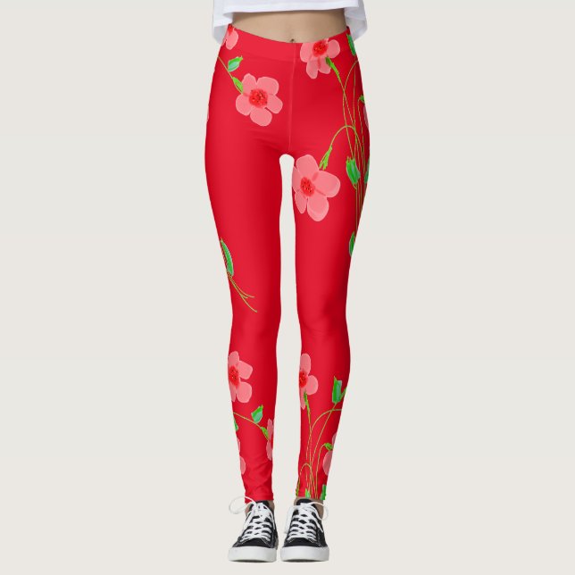 Leggings Piernas rojas con flores rosadas (Anverso)