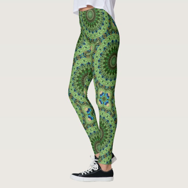Leggings Pieza de pavo real Mandala Esmeralda y Simetría az (Izquierda)