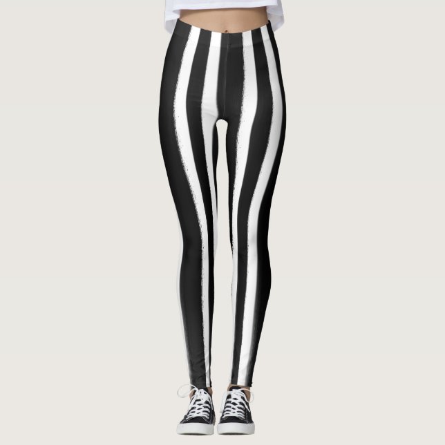 Leggings Pincel de pintura de rayas verticales en blanco y  (Anverso)