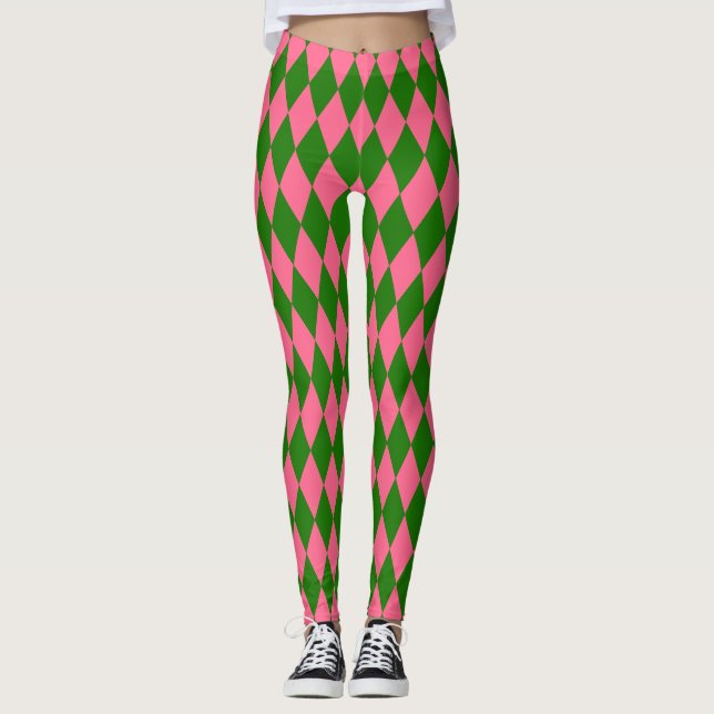 Leggings Pink Green Harlequin Checkered Design  (Anverso)