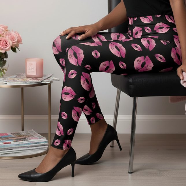 Leggings Pink Lips Pattern Black (Pink Lips Pattern Black Leggings
)