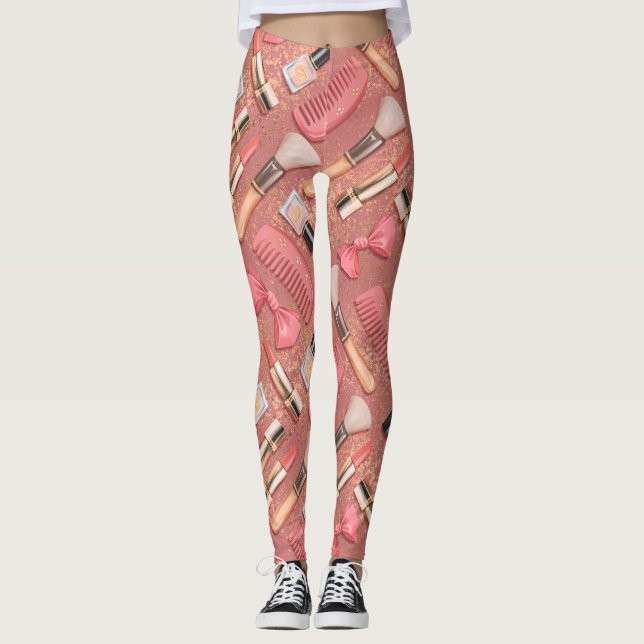 Leggings Pink Makeup Cosmetics Pattern Glitter  (Anverso)