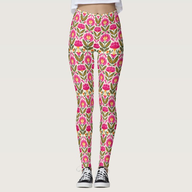 Leggings Pink Mexican Talavera Flowers BOHO Chic Floral  (Anverso)
