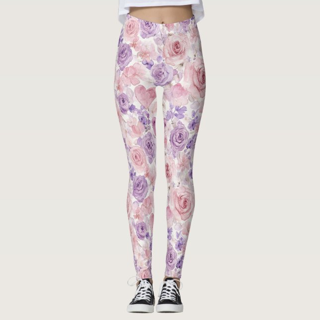 Leggings Pink Purple Blush Flowers Hearts  (Anverso)