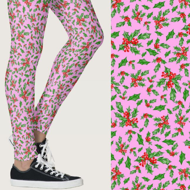 Leggings Pink, red, and green holly Christmas Patterned (Subido por el creador)