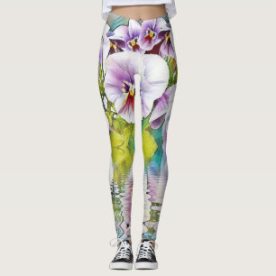 Leggings Pink White Pansies near Water Watercolor