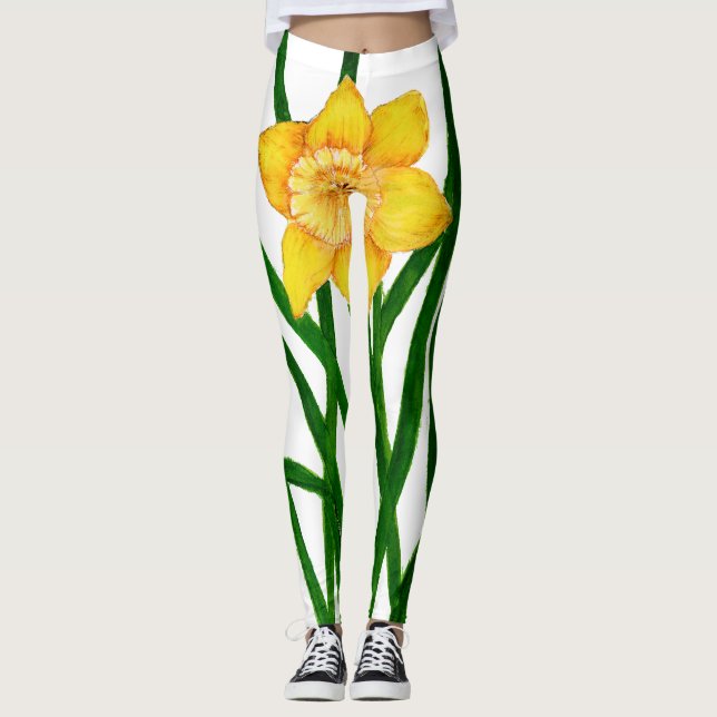 Leggings Pintado de color de agua floral amarillo Daffodil (Anverso)