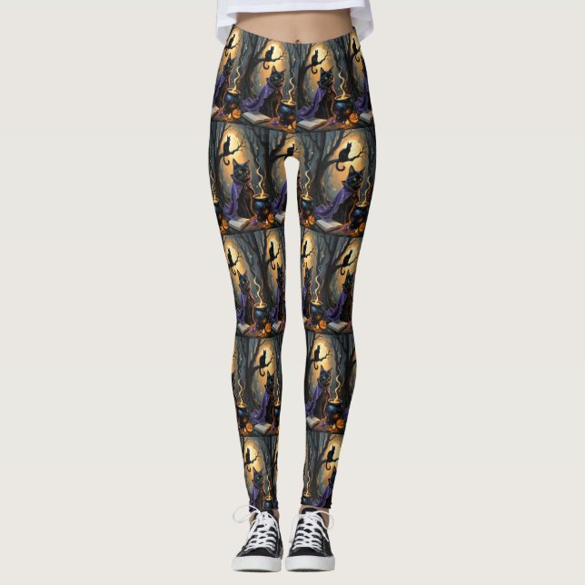 Leggings Pintado de Halloween de gato negro (Anverso)