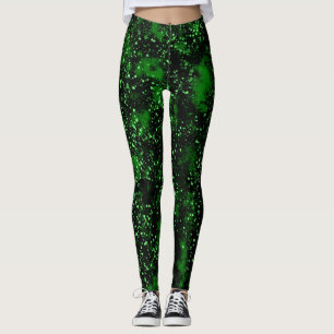Leggings Pintado de salpicaduras de negro y verde abstracto
