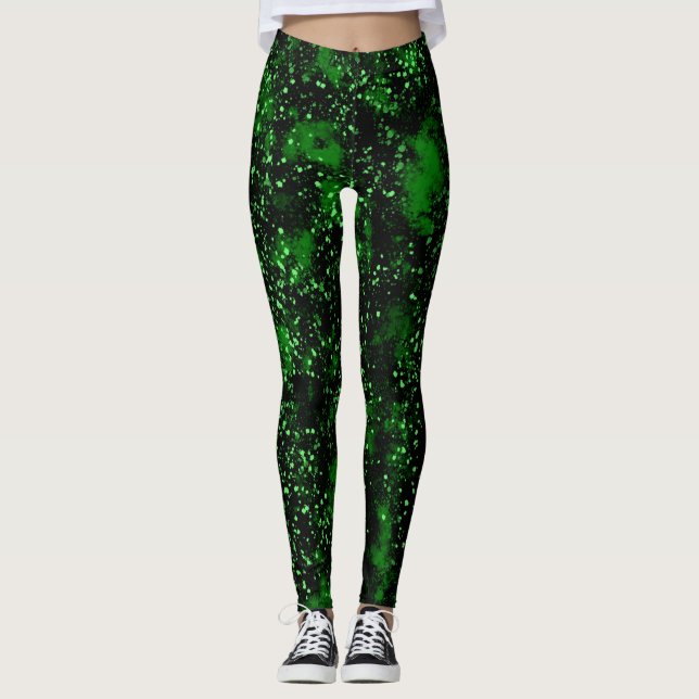 Leggings Pintado de salpicaduras de negro y verde abstracto (Anverso)