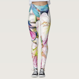 Leggings Pintura acuarela de azalea blanca rosa