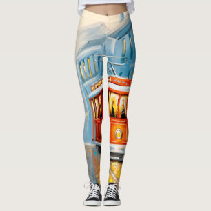 Leggings Pintura de aceite de tranvía de la ciudad antigua
