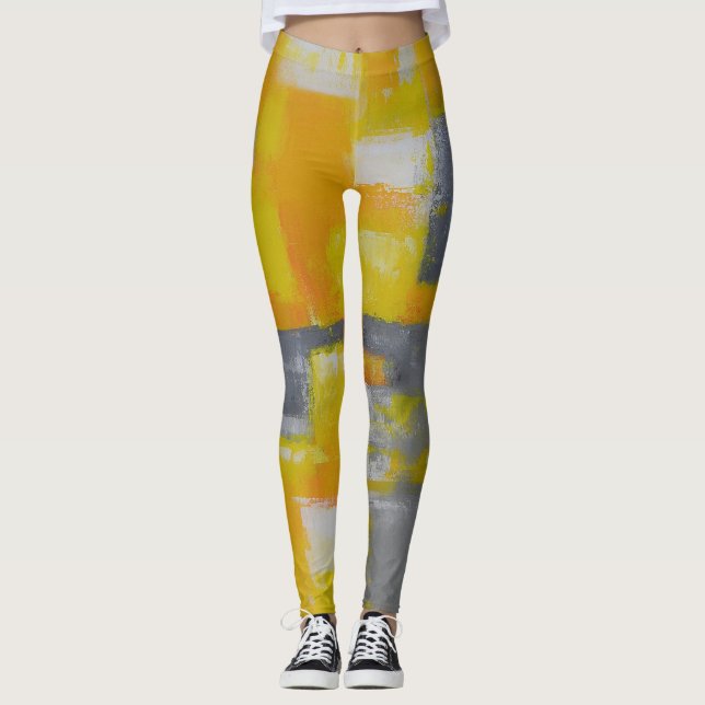 Leggings pintura de arte abstracto gris amarillo (Anverso)