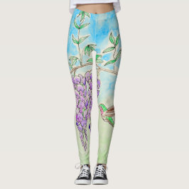Leggings Pintura de colibrí y glicinia