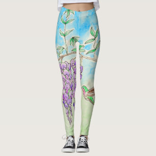 Leggings Pintura de colibrí y glicinia