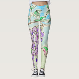 Leggings Pintura de colibrí y glicinia