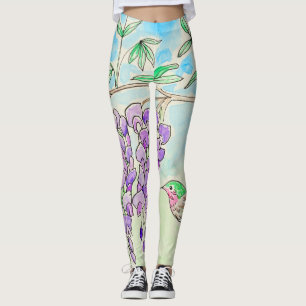 Leggings Pintura de colibrí y glicinia