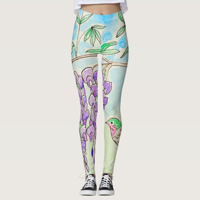 Leggings Pintura de colibrí y glicinia (Anverso)
