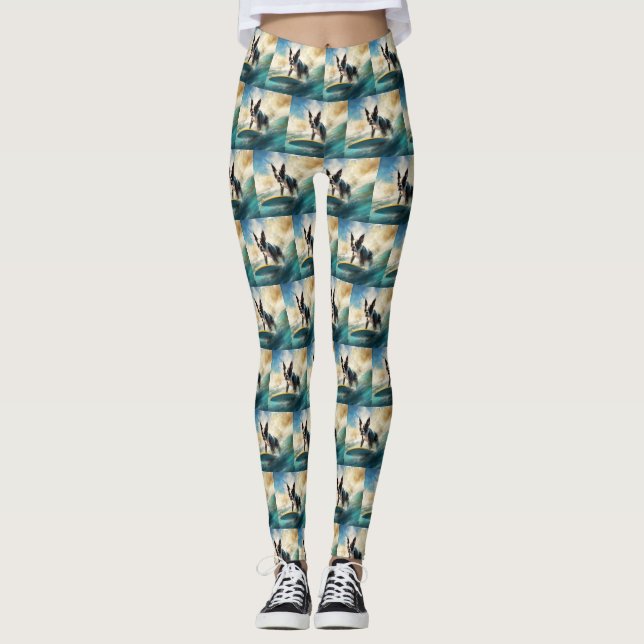 Leggings Pintura de surf en la playa de Boston Terrier (Anverso)