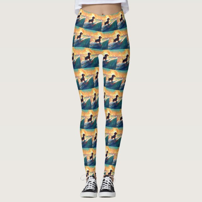 Leggings Pintura de surf en la playa de Dachshund (Anverso)