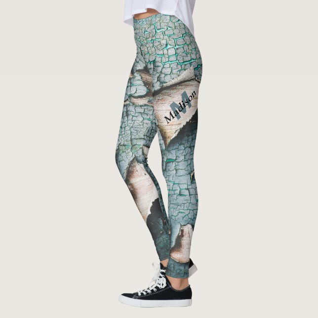 Leggings Pintura verde azul antiguo rústico madera Monogram (Izquierda)