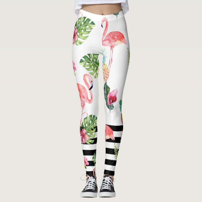 Leggings PixDezines Flamingos rosados+Rayas negras ajustabl (Anverso)