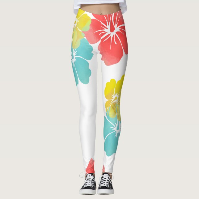 Leggings PixDezines Hibiscus/Yellow/Naranja/Aqua/DIY Bckgra (Anverso)