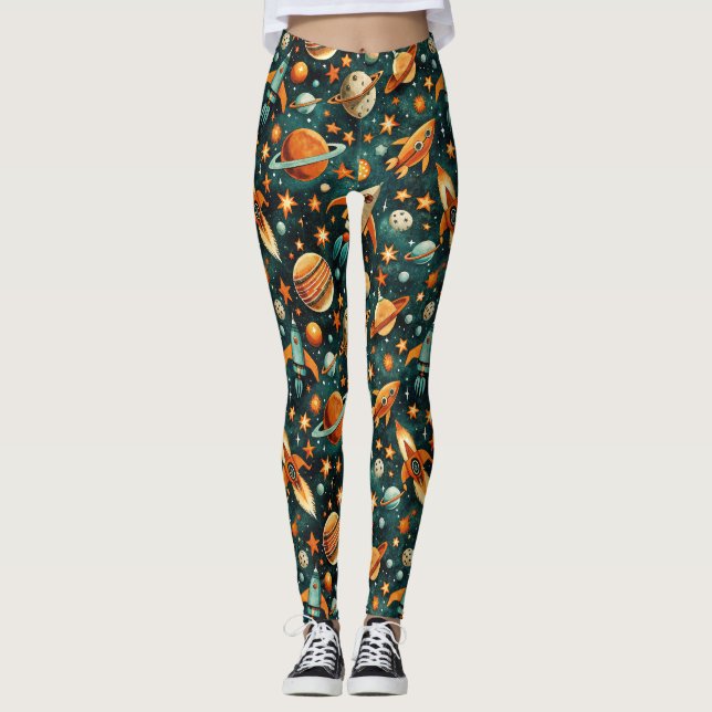 Leggings Planeta Naranja Teal Espacio Atómico de Mitad de S (Anverso)