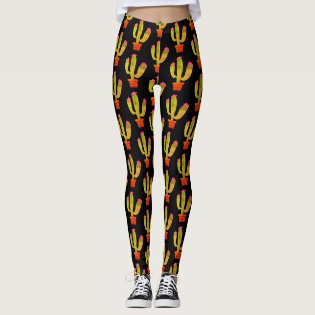Leggings Planta de cactus en maceta dibujada por toda la im (Anverso)