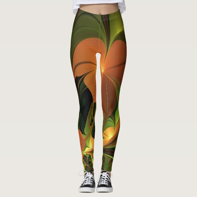Leggings Planta de fantasía Resumen Fractal Verde Rust Brow (Anverso)