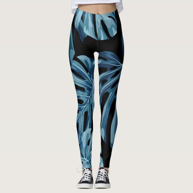 Leggings Planta de Monstera: patrón de hojas azules. (Anverso)