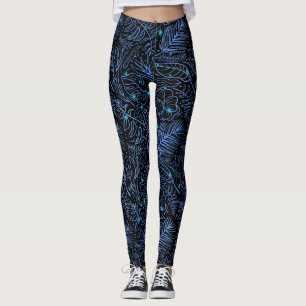 Leggings Plantas luminosas dispersas delineadas.Fondo azul
