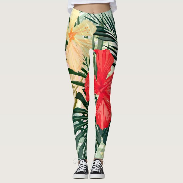 Leggings Plantas tropicales hawaianas, flores de colores. (Anverso)
