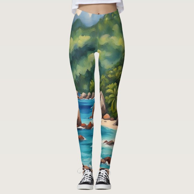 Leggings Playa Tropical Verde y Azul de las Seychelles (Anverso)