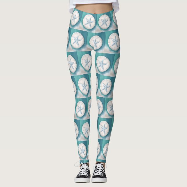 Leggings Playa verde azulada de Starfish y Sand Dollar (Anverso)