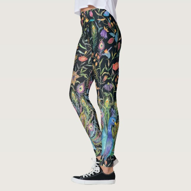 Leggings Pluma de pavo real, Moda de boho de vides florales (Izquierda)