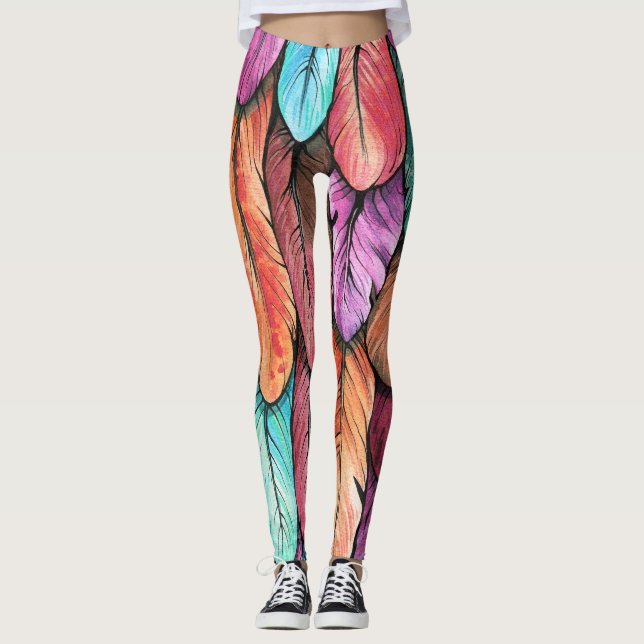 Leggings plumas de pájaro, acuarela, patrón inquebrantable. (Anverso)
