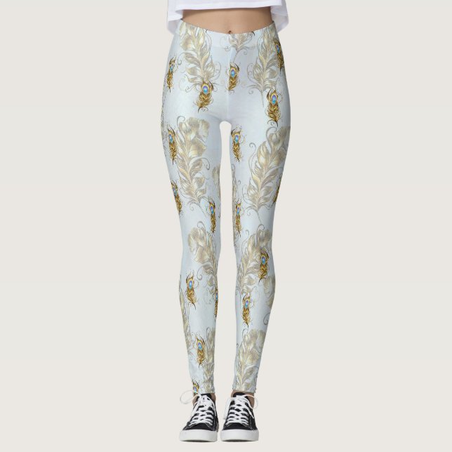 Leggings Plumas de pavo real dorado y hojas (Anverso)