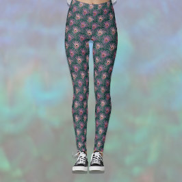 Leggings Plumas de pavo real rosa patrón bonito en verde pr