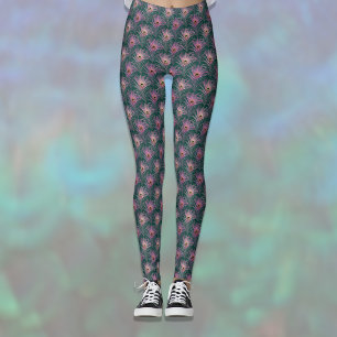 Leggings Plumas de pavo real rosa patrón bonito en verde pr