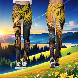 Leggings Plumas doradas Resumen Arte Vibrante Patrón oscuro