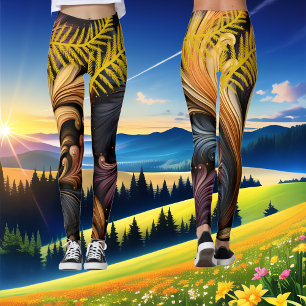 Leggings Plumas doradas Resumen Arte Vibrante Patrón oscuro