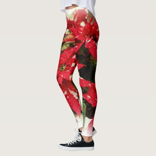 Leggings Poinsettias florales blancas rojas festivas (Izquierda)