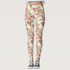 Leggings Poinsettias rosas, blancas, verdes y bayas rojas